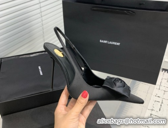 Top Grade Saint Laurent AMALIA Heel Slingbacks Pump 11cm in Satin Crepe with Square Rose Black Upper 1212094