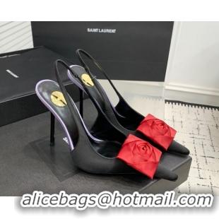 Durable Saint Laurent AMALIA Heel Slingbacks Pump 11cm in Satin Crepe with Square Rose Black/Red 1212095