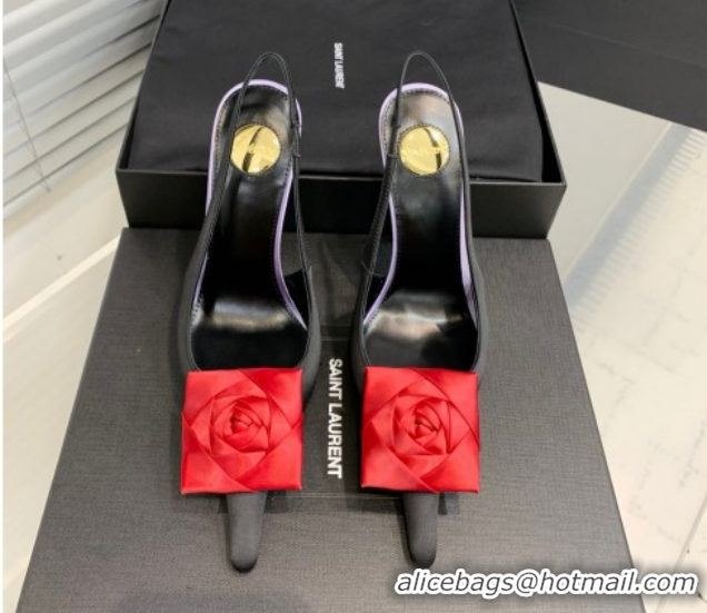 Durable Saint Laurent AMALIA Heel Slingbacks Pump 11cm in Satin Crepe with Square Rose Black/Red 1212095