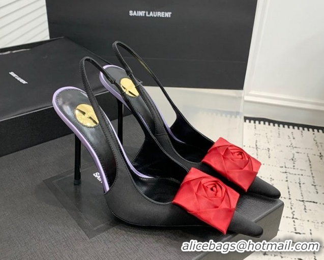 Durable Saint Laurent AMALIA Heel Slingbacks Pump 11cm in Satin Crepe with Square Rose Black/Red 1212095
