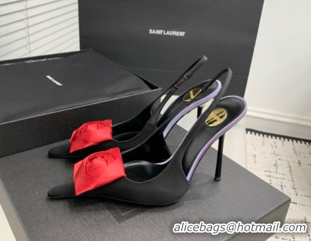 Durable Saint Laurent AMALIA Heel Slingbacks Pump 11cm in Satin Crepe with Square Rose Black/Red 1212095