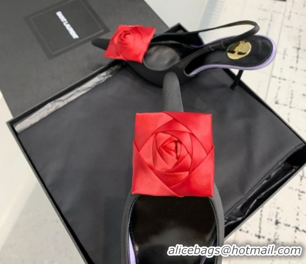 Durable Saint Laurent AMALIA Heel Slingbacks Pump 11cm in Satin Crepe with Square Rose Black/Red 1212095
