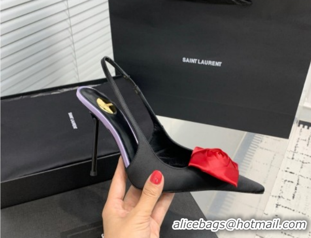 Durable Saint Laurent AMALIA Heel Slingbacks Pump 11cm in Satin Crepe with Square Rose Black/Red 1212095