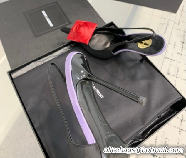 Durable Saint Laurent AMALIA Heel Slingbacks Pump 11cm in Satin Crepe with Square Rose Black/Red 1212095