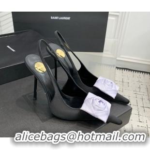 Luxurious Saint Laurent AMALIA Heel Slingbacks Pump 11cm in Satin Crepe with Square Rose Black/Purple 1212096