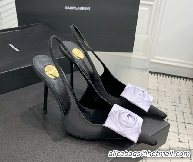 Luxurious Saint Laurent AMALIA Heel Slingbacks Pump 11cm in Satin Crepe with Square Rose Black/Purple 1212096