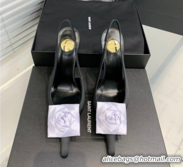 Luxurious Saint Laurent AMALIA Heel Slingbacks Pump 11cm in Satin Crepe with Square Rose Black/Purple 1212096