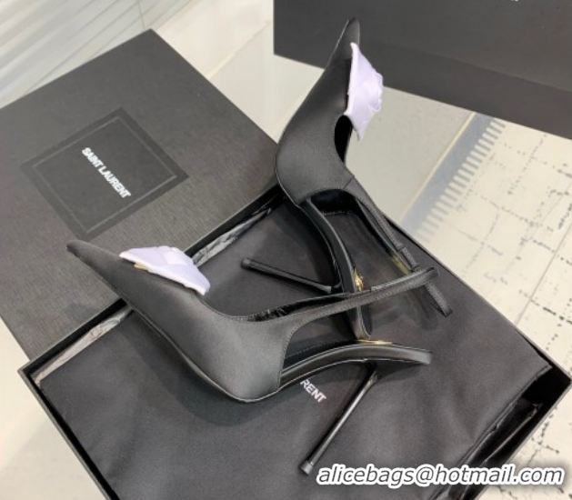 Luxurious Saint Laurent AMALIA Heel Slingbacks Pump 11cm in Satin Crepe with Square Rose Black/Purple 1212096
