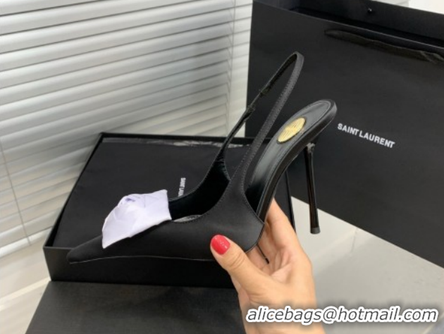 Luxurious Saint Laurent AMALIA Heel Slingbacks Pump 11cm in Satin Crepe with Square Rose Black/Purple 1212096