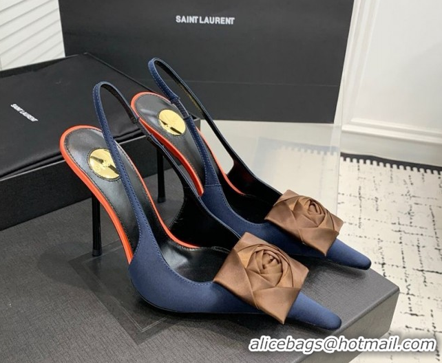Good Quality Saint Laurent AMALIA Heel Slingbacks Pump 11cm in Satin Crepe with Square Rose Dark Blue 1212097