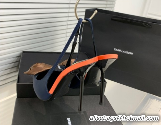 Good Quality Saint Laurent AMALIA Heel Slingbacks Pump 11cm in Satin Crepe with Square Rose Dark Blue 1212097