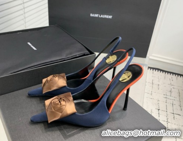 Good Quality Saint Laurent AMALIA Heel Slingbacks Pump 11cm in Satin Crepe with Square Rose Dark Blue 1212097