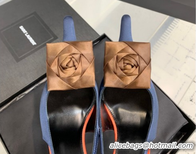 Good Quality Saint Laurent AMALIA Heel Slingbacks Pump 11cm in Satin Crepe with Square Rose Dark Blue 1212097