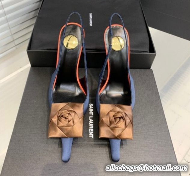 Good Quality Saint Laurent AMALIA Heel Slingbacks Pump 11cm in Satin Crepe with Square Rose Dark Blue 1212097