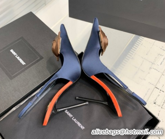 Good Quality Saint Laurent AMALIA Heel Slingbacks Pump 11cm in Satin Crepe with Square Rose Dark Blue 1212097