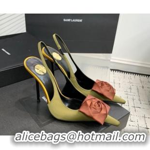 Good Looking Saint Laurent AMALIA Heel Slingbacks Pump 11cm in Satin Crepe with Square Rose Green 1212098