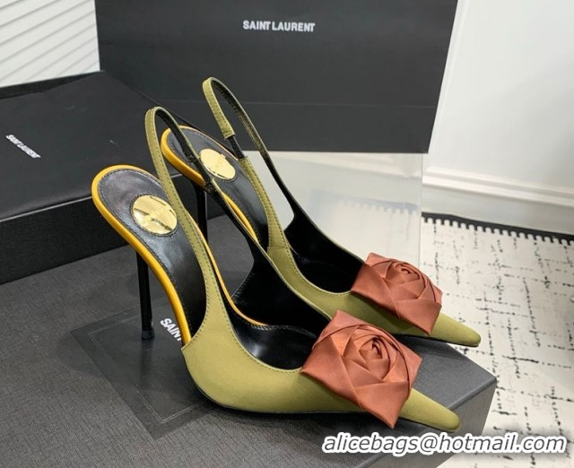 Good Looking Saint Laurent AMALIA Heel Slingbacks Pump 11cm in Satin Crepe with Square Rose Green 1212098