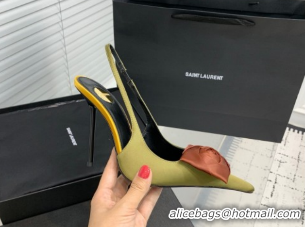 Good Looking Saint Laurent AMALIA Heel Slingbacks Pump 11cm in Satin Crepe with Square Rose Green 1212098
