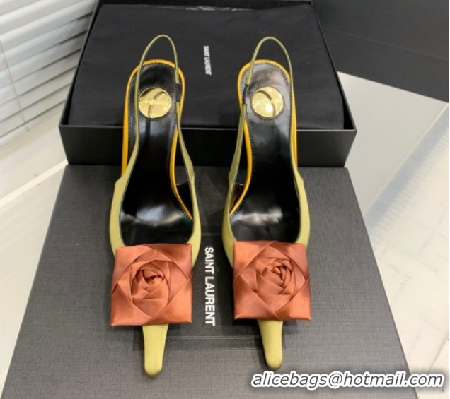 Good Looking Saint Laurent AMALIA Heel Slingbacks Pump 11cm in Satin Crepe with Square Rose Green 1212098