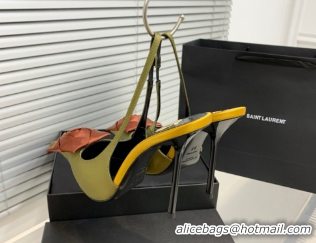 Good Looking Saint Laurent AMALIA Heel Slingbacks Pump 11cm in Satin Crepe with Square Rose Green 1212098