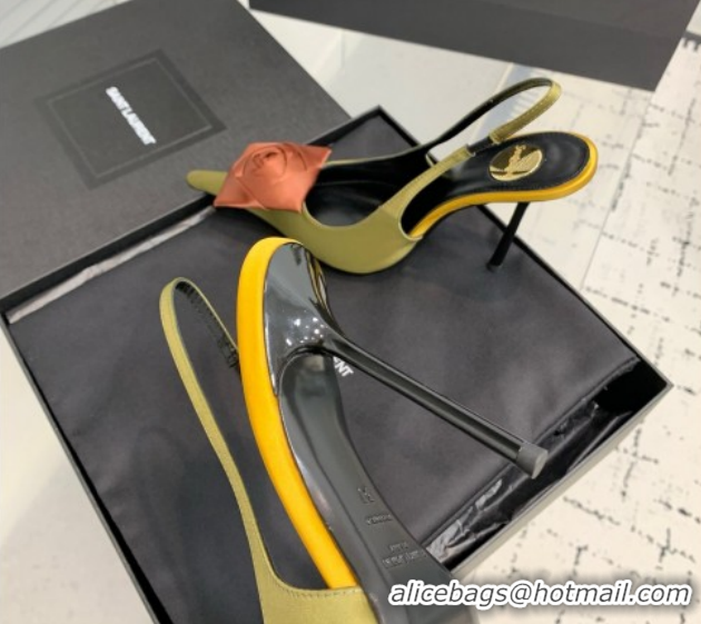 Good Looking Saint Laurent AMALIA Heel Slingbacks Pump 11cm in Satin Crepe with Square Rose Green 1212098
