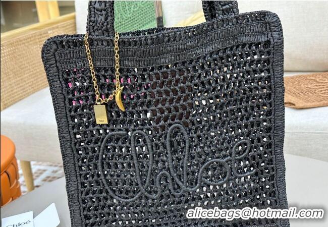 Luxury Cheap Chloe Summer Banana tote bag in raffia straw 1665 Black 2025
