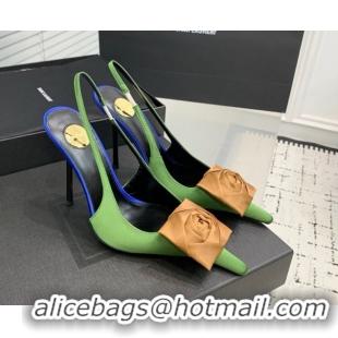 Most Popular Saint Laurent AMALIA Heel Slingbacks Pump 11cm in Satin Crepe with Square Rose Light Green 1212099