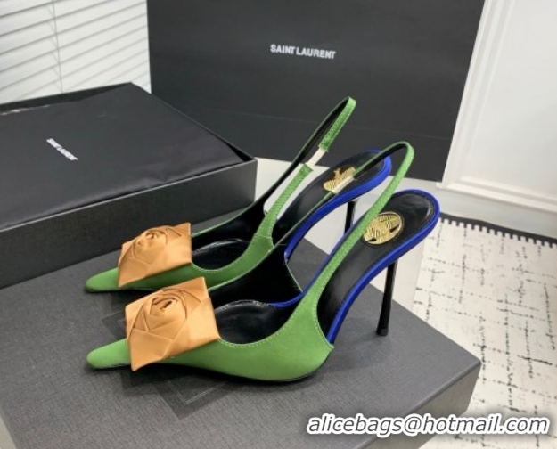 Most Popular Saint Laurent AMALIA Heel Slingbacks Pump 11cm in Satin Crepe with Square Rose Light Green 1212099