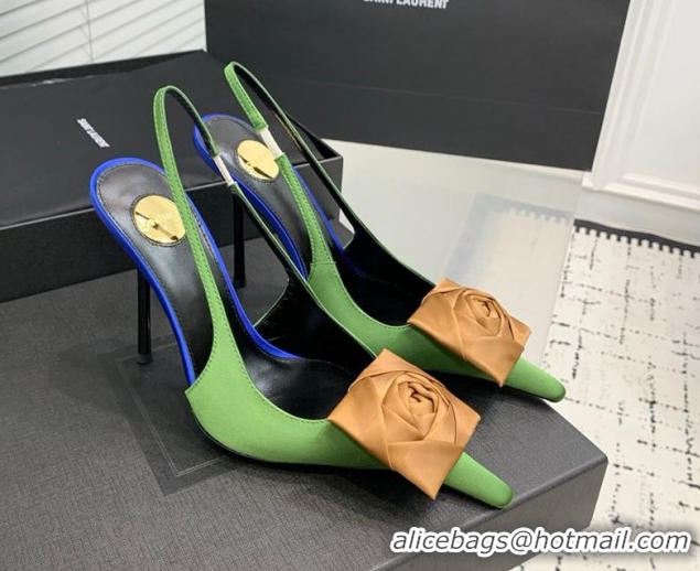 Most Popular Saint Laurent AMALIA Heel Slingbacks Pump 11cm in Satin Crepe with Square Rose Light Green 1212099