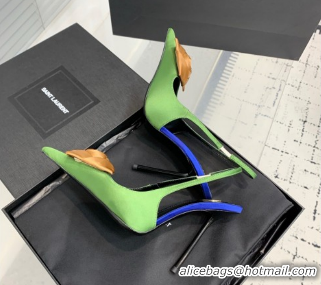Most Popular Saint Laurent AMALIA Heel Slingbacks Pump 11cm in Satin Crepe with Square Rose Light Green 1212099