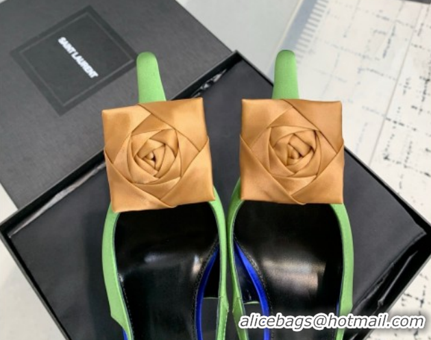 Most Popular Saint Laurent AMALIA Heel Slingbacks Pump 11cm in Satin Crepe with Square Rose Light Green 1212099