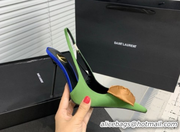 Most Popular Saint Laurent AMALIA Heel Slingbacks Pump 11cm in Satin Crepe with Square Rose Light Green 1212099