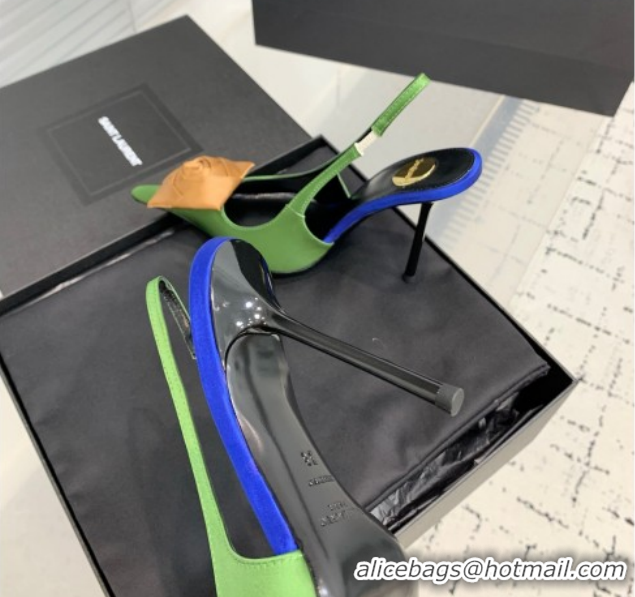 Most Popular Saint Laurent AMALIA Heel Slingbacks Pump 11cm in Satin Crepe with Square Rose Light Green 1212099