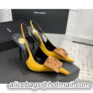 Low Cost Saint Laurent AMALIA Heel Slingbacks Pump 11cm in Satin Crepe with Square Rose Yellow 1212100