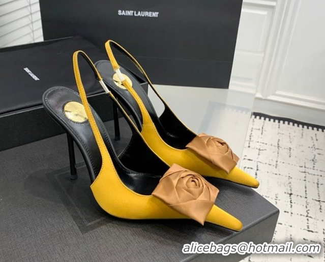 Low Cost Saint Laurent AMALIA Heel Slingbacks Pump 11cm in Satin Crepe with Square Rose Yellow 1212100