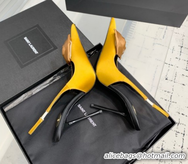 Low Cost Saint Laurent AMALIA Heel Slingbacks Pump 11cm in Satin Crepe with Square Rose Yellow 1212100