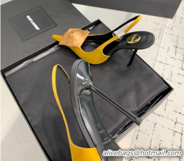 Low Cost Saint Laurent AMALIA Heel Slingbacks Pump 11cm in Satin Crepe with Square Rose Yellow 1212100