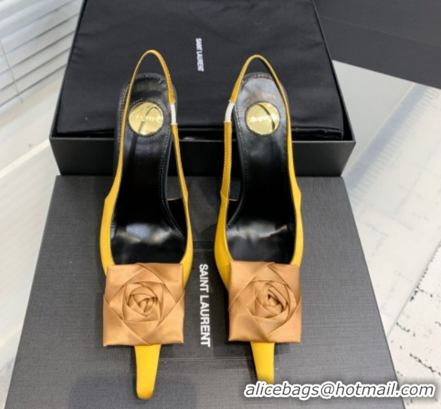 Low Cost Saint Laurent AMALIA Heel Slingbacks Pump 11cm in Satin Crepe with Square Rose Yellow 1212100