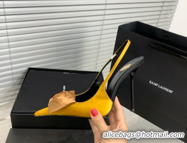Low Cost Saint Laurent AMALIA Heel Slingbacks Pump 11cm in Satin Crepe with Square Rose Yellow 1212100
