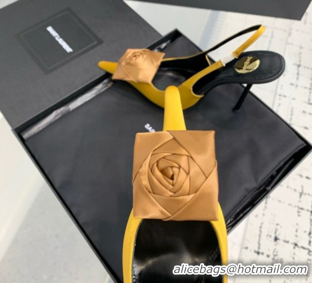 Low Cost Saint Laurent AMALIA Heel Slingbacks Pump 11cm in Satin Crepe with Square Rose Yellow 1212100