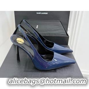 Pretty Style Saint Laurent Vendome Slingbacks Pump 11cm in Patent Leather Dark Blue YSL121203 1212101