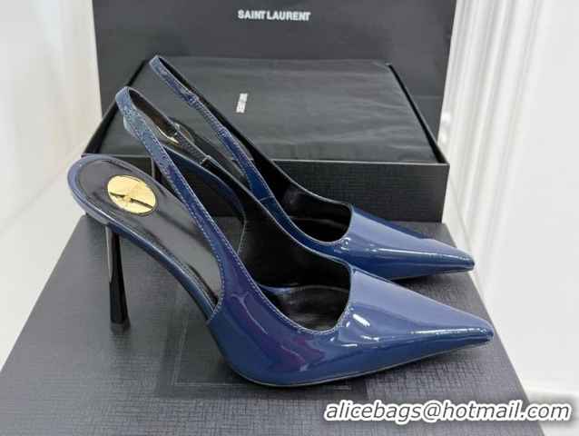Pretty Style Saint Laurent Vendome Slingbacks Pump 11cm in Patent Leather Dark Blue YSL121203 1212101
