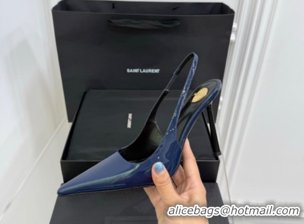 Pretty Style Saint Laurent Vendome Slingbacks Pump 11cm in Patent Leather Dark Blue YSL121203 1212101