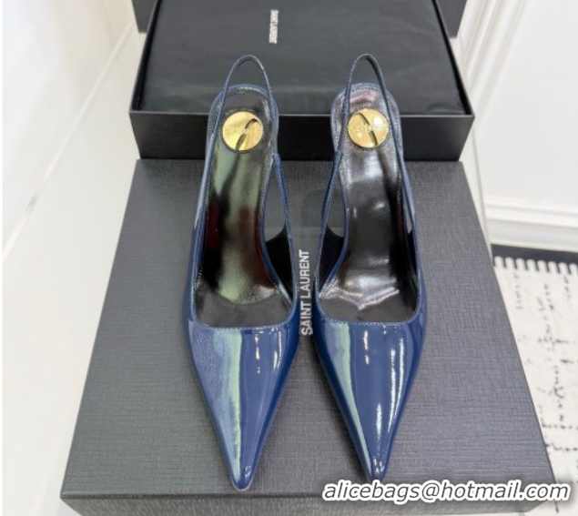 Pretty Style Saint Laurent Vendome Slingbacks Pump 11cm in Patent Leather Dark Blue YSL121203 1212101