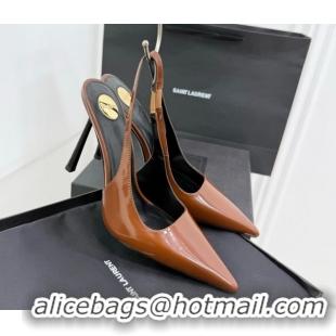 Shop Duplicate Saint Laurent Vendome Slingbacks Pump 11cm in Patent Leather Brown2 YSL121203 1212103