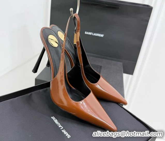Shop Duplicate Saint Laurent Vendome Slingbacks Pump 11cm in Patent Leather Brown2 YSL121203 1212103