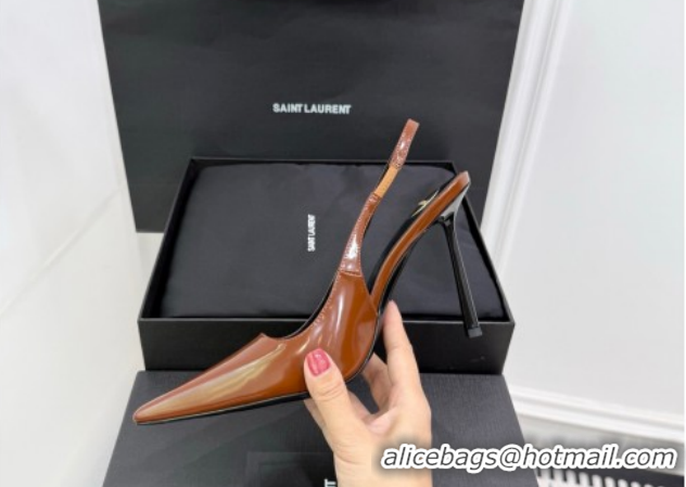 Shop Duplicate Saint Laurent Vendome Slingbacks Pump 11cm in Patent Leather Brown2 YSL121203 1212103