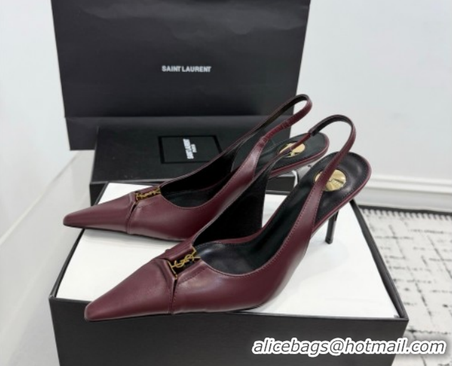 Stylish Saint Laurent Babylone Breteuil Slingbacks Pump 9cm in Calfskin Leather Dark Burgundy 1213002