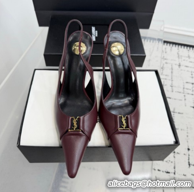 Stylish Saint Laurent Babylone Breteuil Slingbacks Pump 9cm in Calfskin Leather Dark Burgundy 1213002