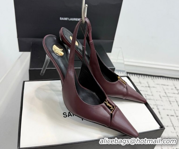 Stylish Saint Laurent Babylone Breteuil Slingbacks Pump 9cm in Calfskin Leather Dark Burgundy 1213002
